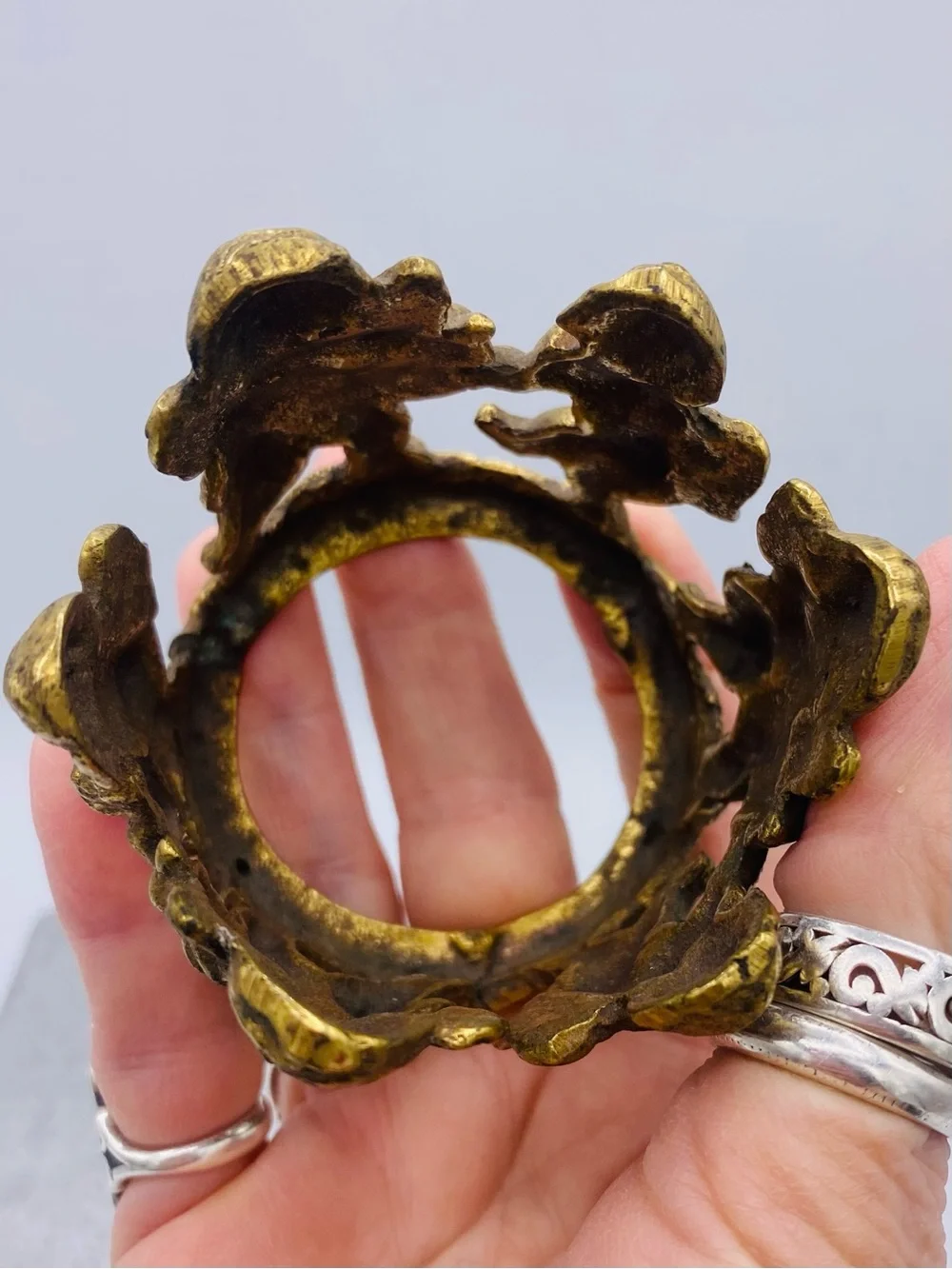 Two Vintage Footed Brass Votive/Tea Light Candle Holders Feature Dancing Cherubs